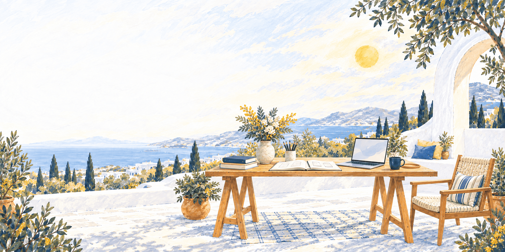 Painted seaside studio with an open sketchbook, laptop, and yellow flowers on a sunlit worktable.